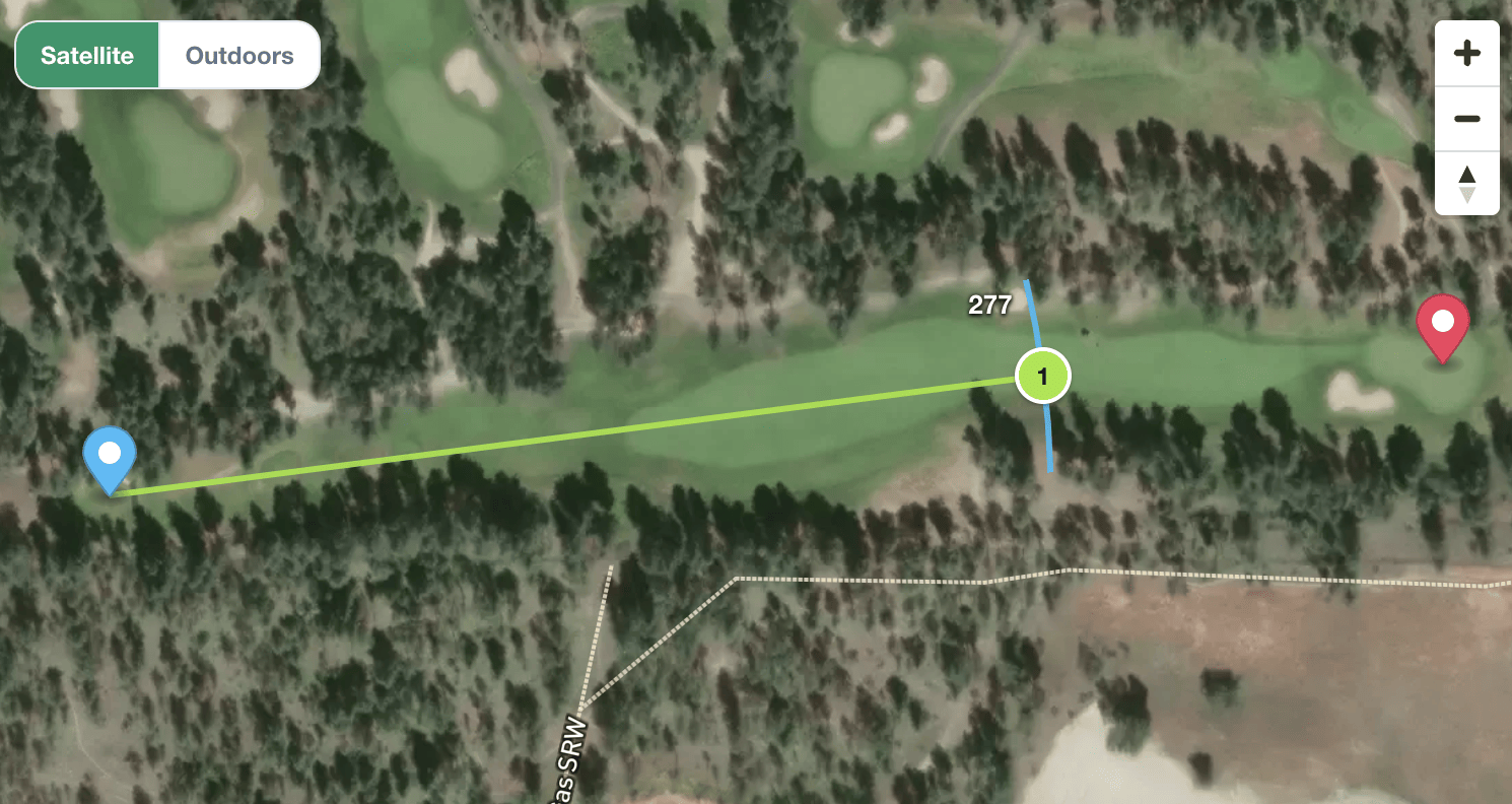 Satellite planner view of a golf hole with the tee pin and a 277-yard target